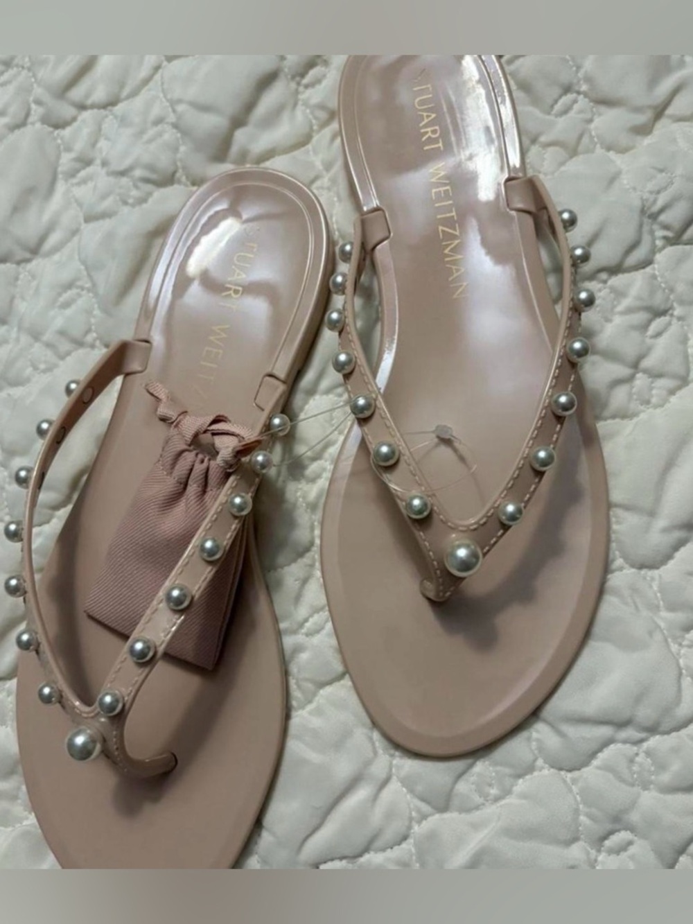 Stuart Weitzman Blush Pink Pearl-Embellished Jelly Thong Sandals